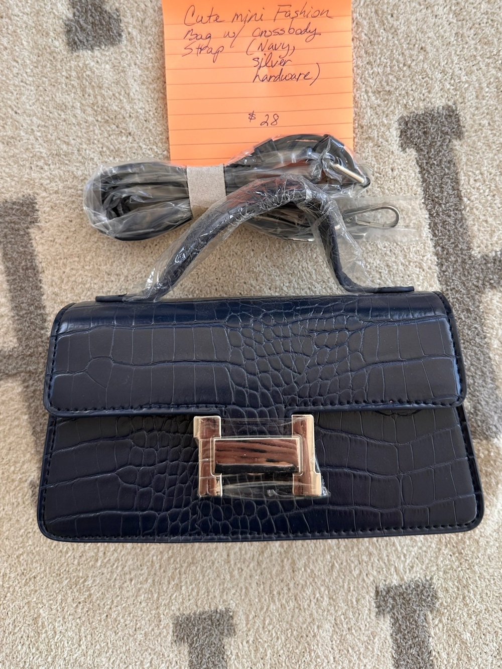 Navy Croc-Embossed Mini Top-Handle Bag with Silver Hardware fun bag